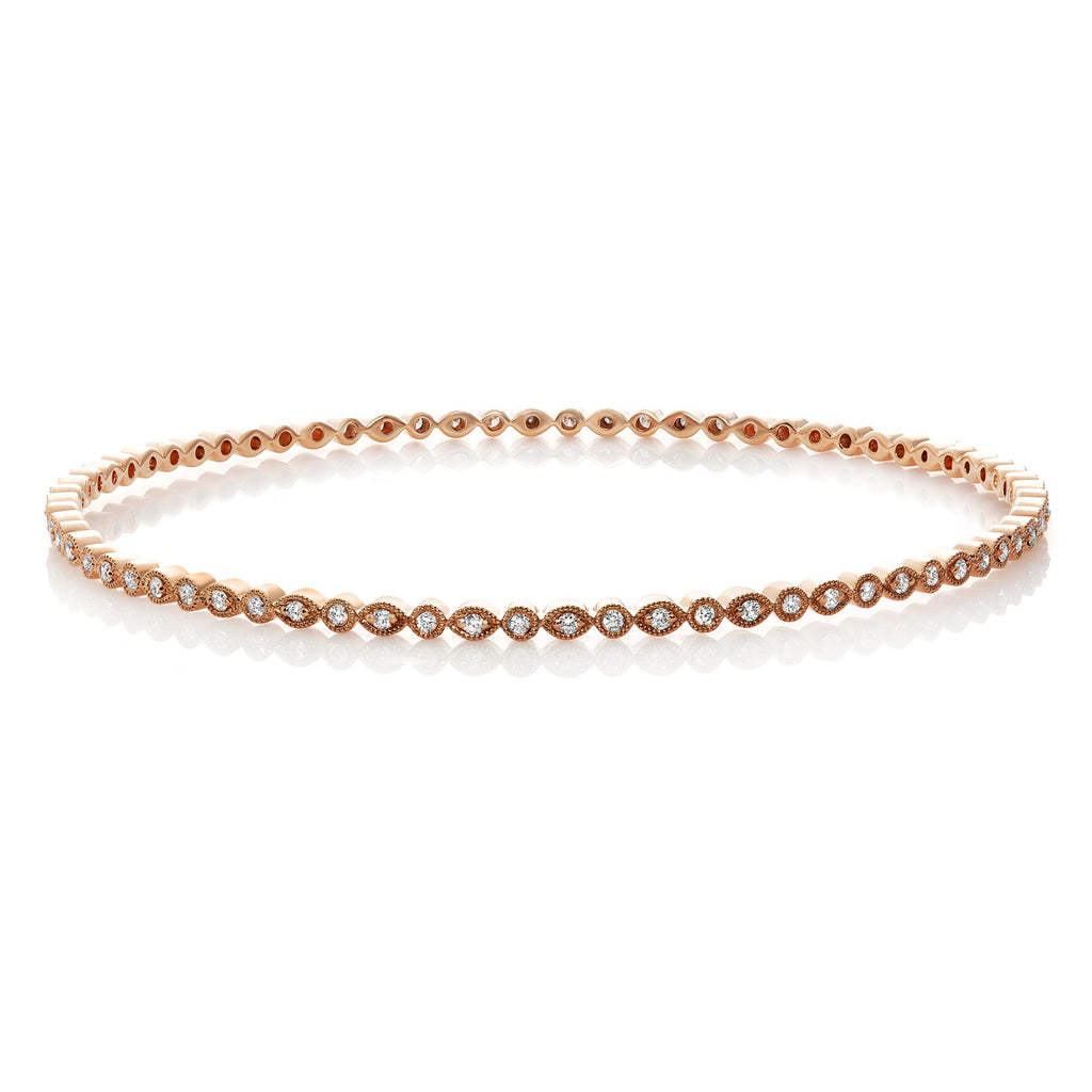 Noemi Diamonds handcrafted milgrain bracelet with round brilliant diamonds and drop-leaf Art Deco design in rose gold.