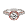 Noemi Diamonds 3 ct Cathedral engagement ring in pink and white gold with pink diamond embroidery and Gothic-inspired design.