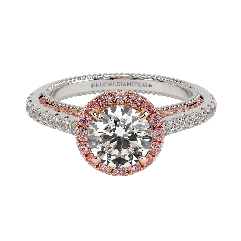 Noemi Diamonds 3 ct Cathedral engagement ring in pink and white gold with pink diamond embroidery and Gothic-inspired design.