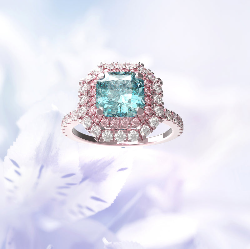 Esjana- Anello con diamanti Argyle blu verde intenso e rosa fantasia